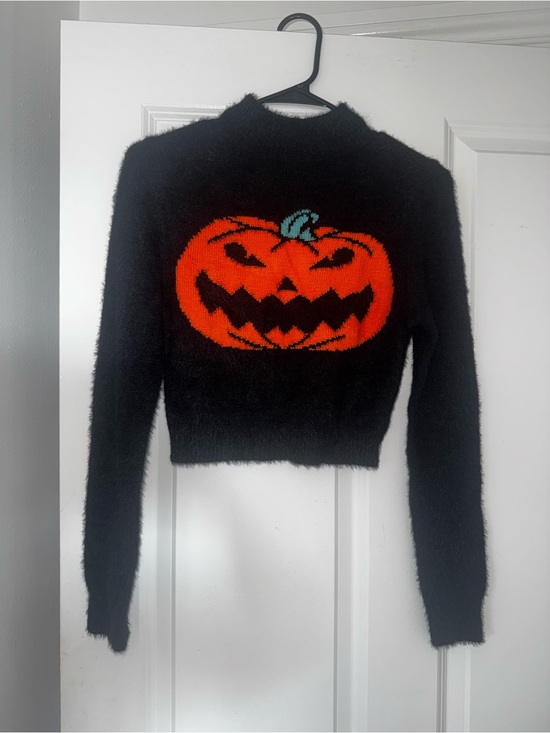 Cider Sweaters - Cider Black Fuzzy Cropped Sweater with Orange Pumpkin Motif